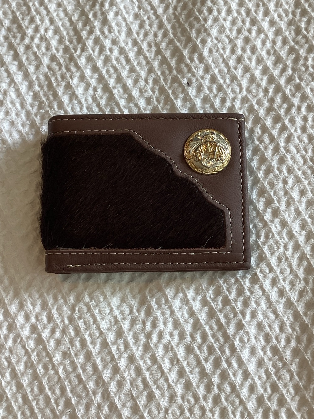 Brown Leather and Haircalf Men's Bi-Fold Wallet with Gold Accent